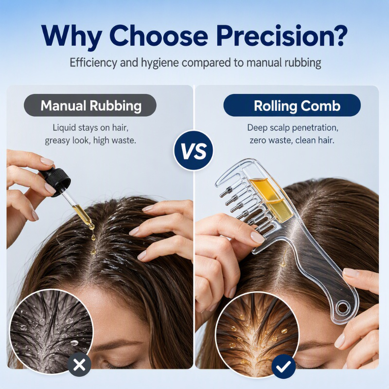 💇‍♀️ 50% RABATT NU! Transparent Hair Oil Applicator Comb – precisions-rotleverans, rullande stålkulor & ergonomisk design – perfekt för jämn håroljeapplicering och hårbottenmassage ✨