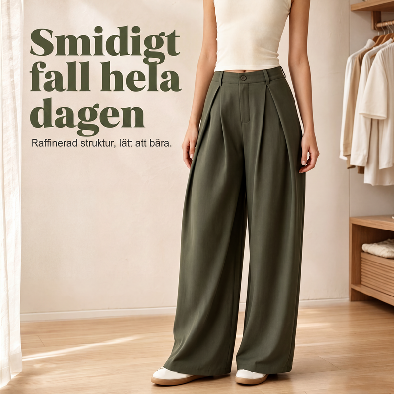 Högmidjade veckade vidbensbyxor för dam