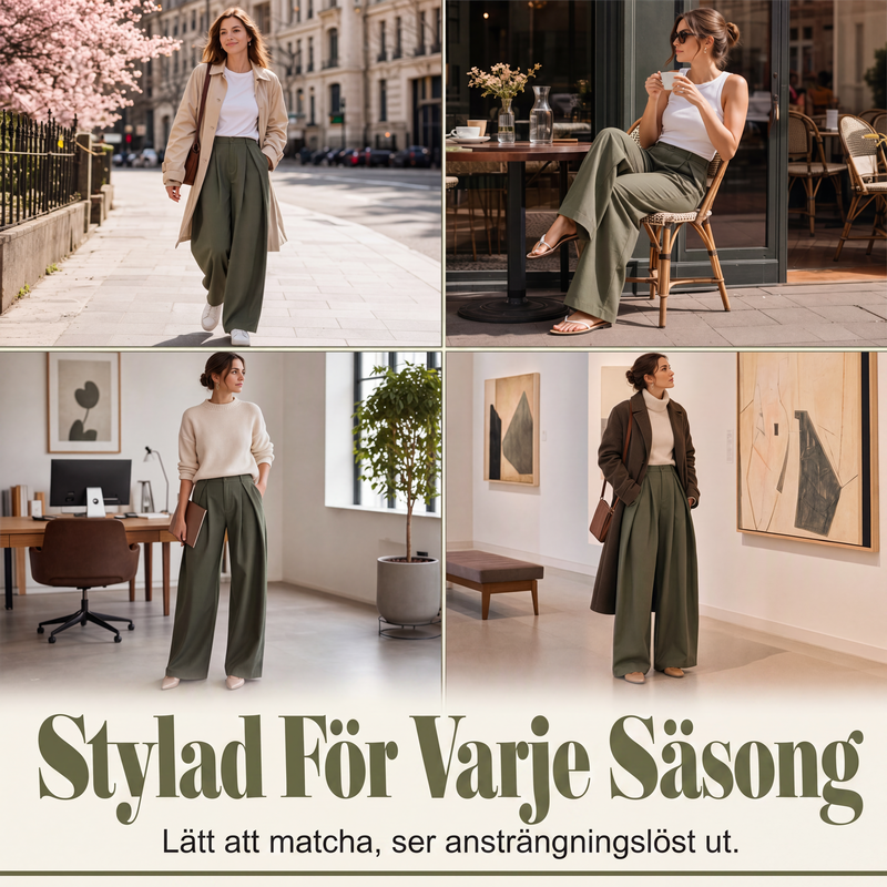Högmidjade veckade vidbensbyxor för dam