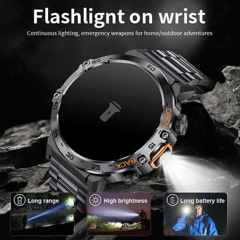 ⌚ 50 % RABATT NU! 🔦 Robust smartklocka för friluftsliv – med LED-ficklampa, HD-samtal och smarta funktioner – perfekt för äventyr och träning 🏔️