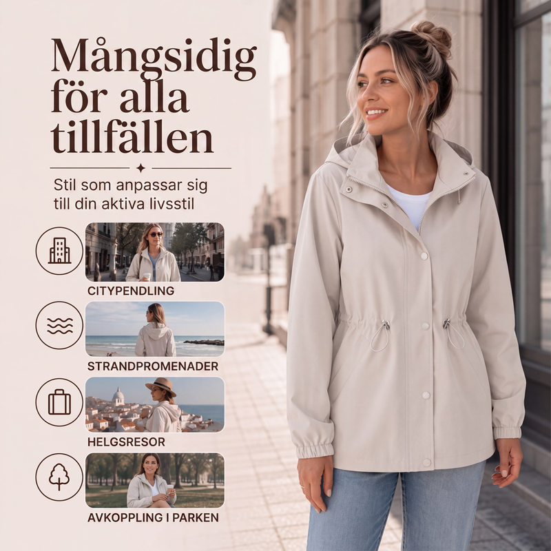 Kvinnors mångsidiga vattentäta jacka med huva