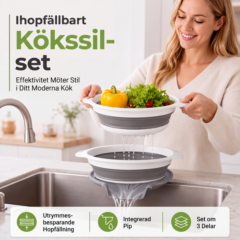 🧺 50 % RABATT NU! 🍽️ 3-delat hopfällbart durkslagsset – med avrinningsbas, platsbesparande & mångsidigt – perfekt för köket 🏠