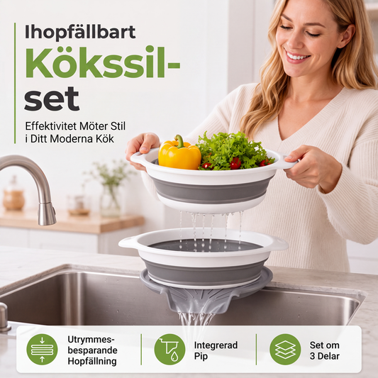 🧺 50 % RABATT NU! 🍽️ 3-delat hopfällbart durkslagsset – med avrinningsbas, platsbesparande & mångsidigt – perfekt för köket 🏠