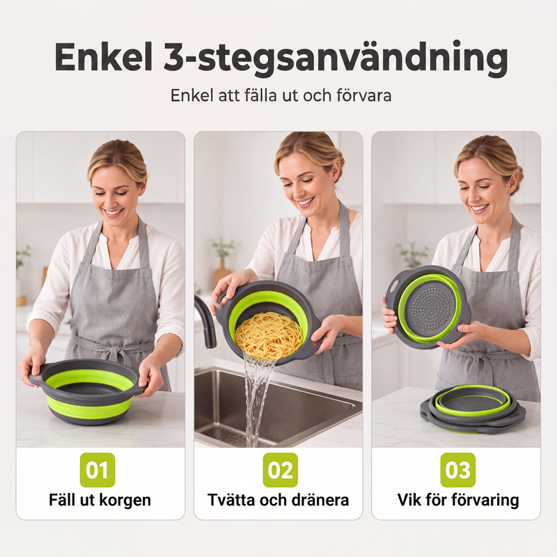 🧺 50 % RABATT NU! 🍽️ 3-delat hopfällbart durkslagsset – med avrinningsbas, platsbesparande & mångsidigt – perfekt för köket 🏠