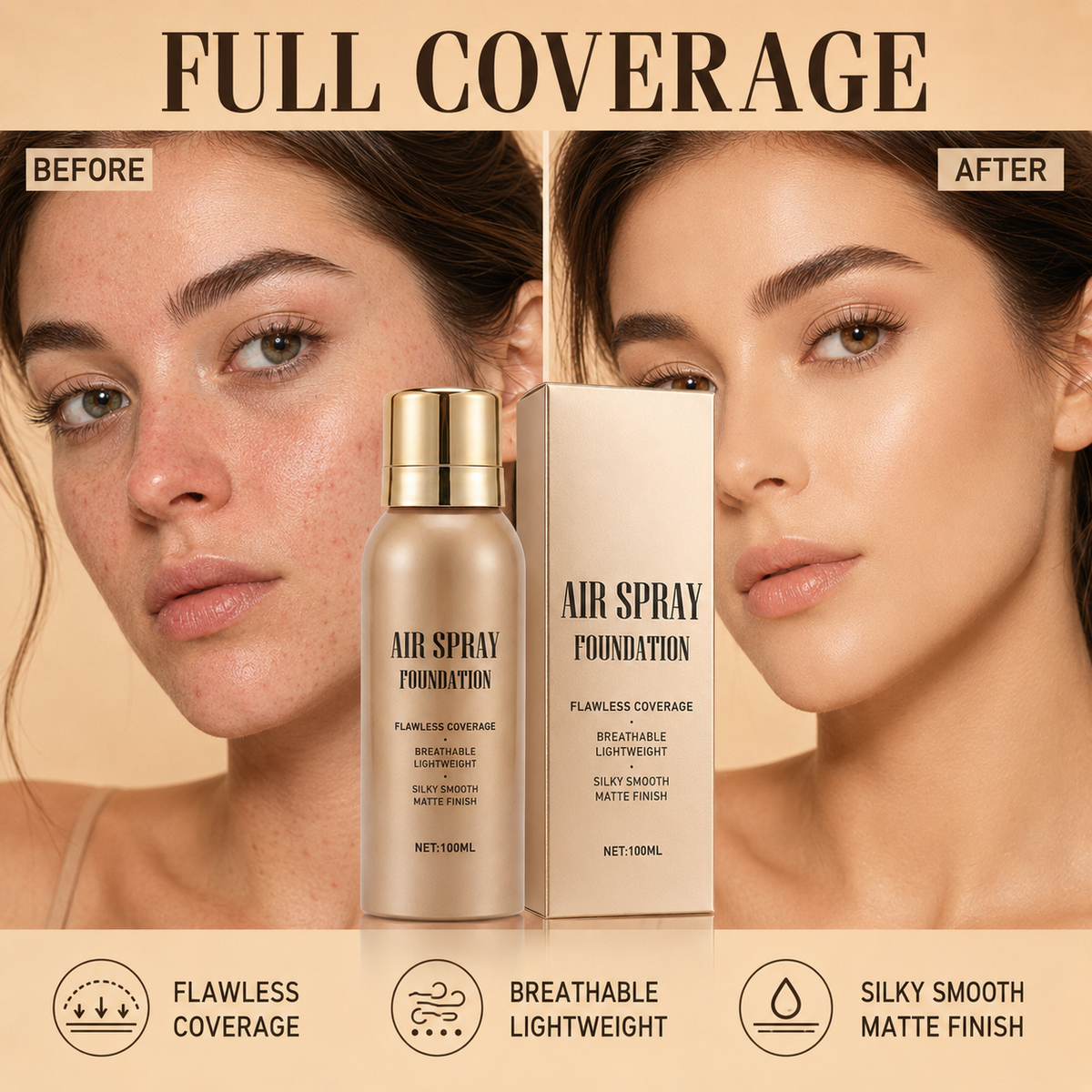💄 50 % RABATT! Täck ärr, tatueringar och ojämn hudton – vattenfast air-spray foundation med matt och naturlig finish