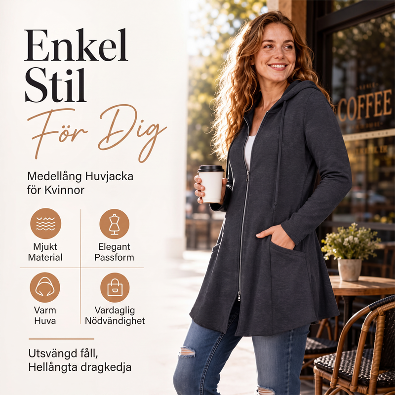 Damkappa med huva och dragkedja, medellängd