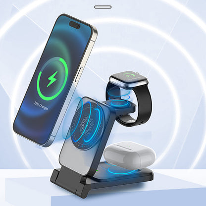 3-i-1 Vikbar Magnetisk Trådlös Laddare för Smartphone, Smartklocka & Hörlurar