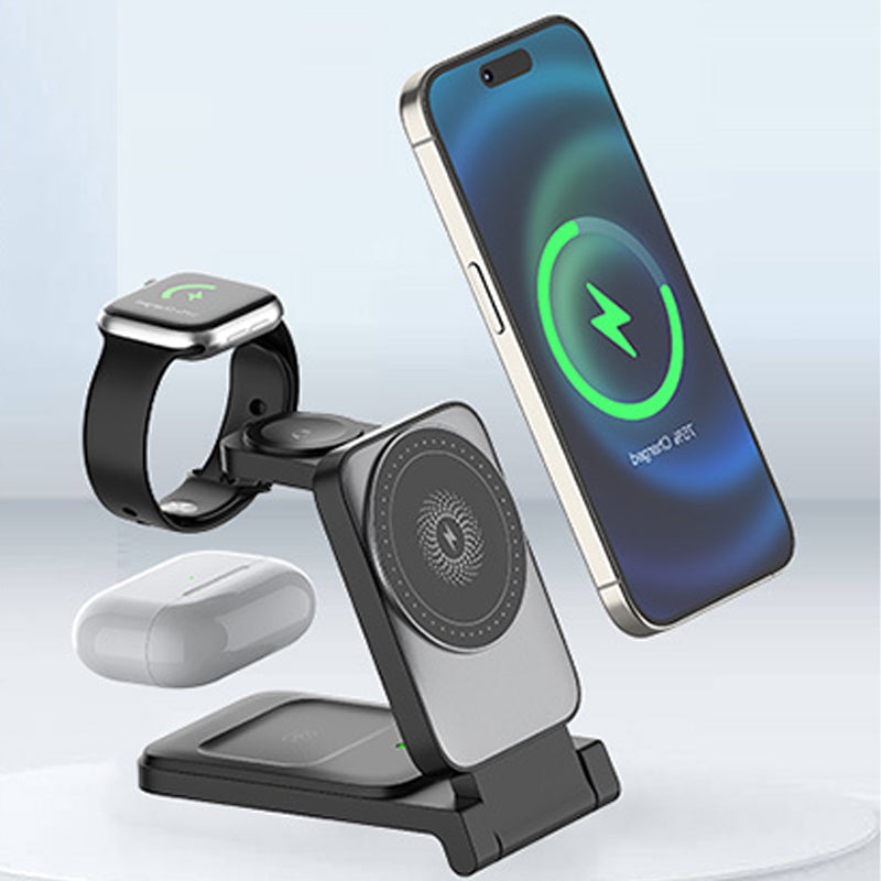3-i-1 Vikbar Magnetisk Trådlös Laddare för Smartphone, Smartklocka & Hörlurar
