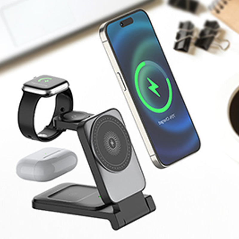 3-i-1 Vikbar Magnetisk Trådlös Laddare för Smartphone, Smartklocka & Hörlurar