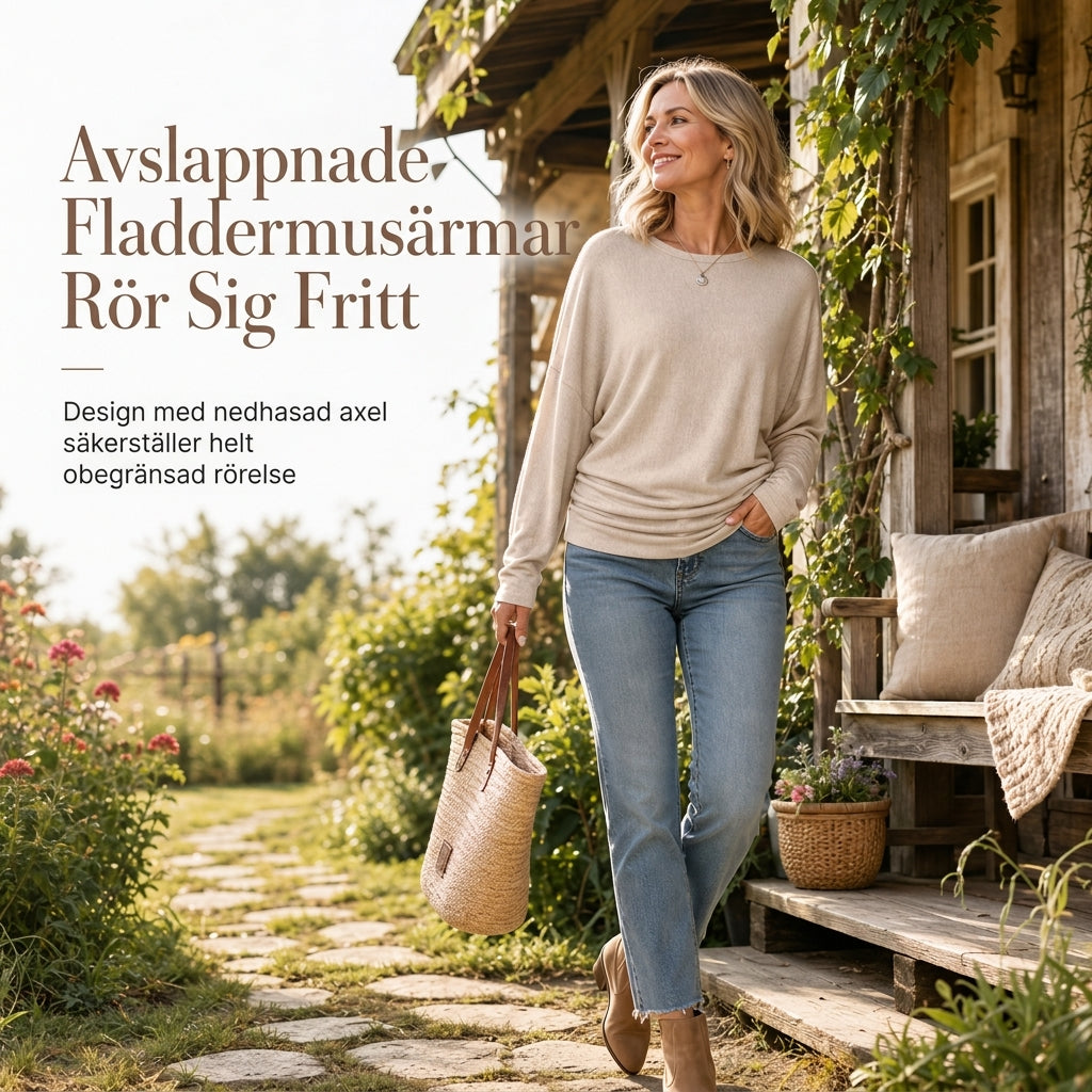 Mjuk stickad tröja för dam med fladdermusärm och smickrande midjedetalj