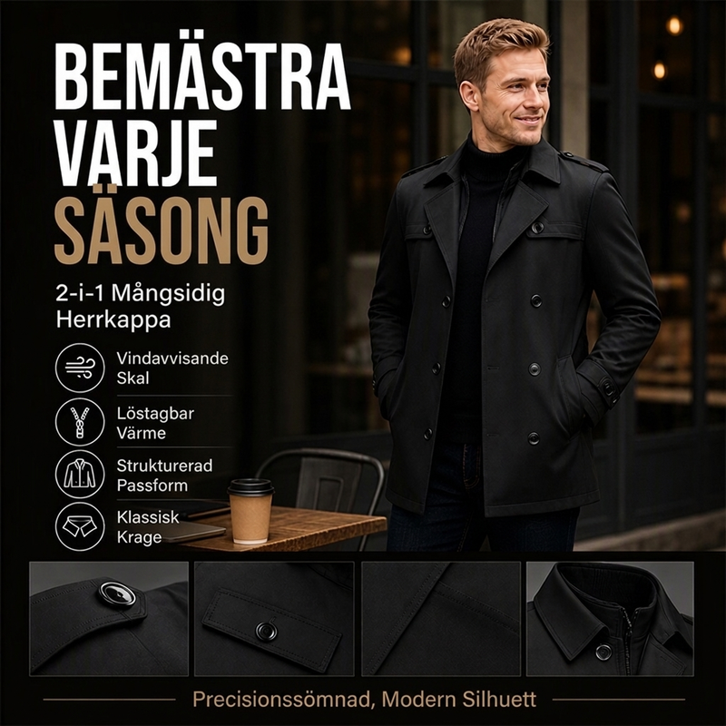 🧥 Medellång trenchcoat för herr med avtagbart foder