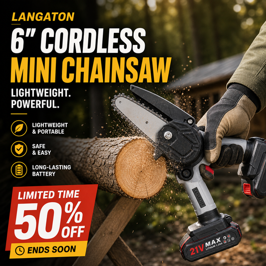 🔧 50 % RABATT NU! 6-tums sladdlös minikedjesåg med 2 batterier – kraftfull, lätt och ergonomisk – perfekt för beskärning, grenar och mindre träarbeten 🌲⚡